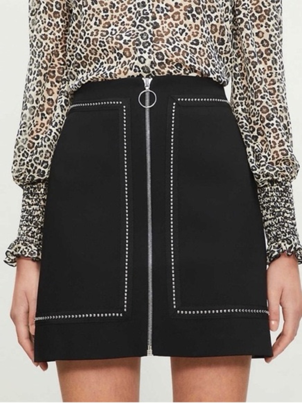 Maje Jimage Crepe Black Zipper Mini Skirt with Studs